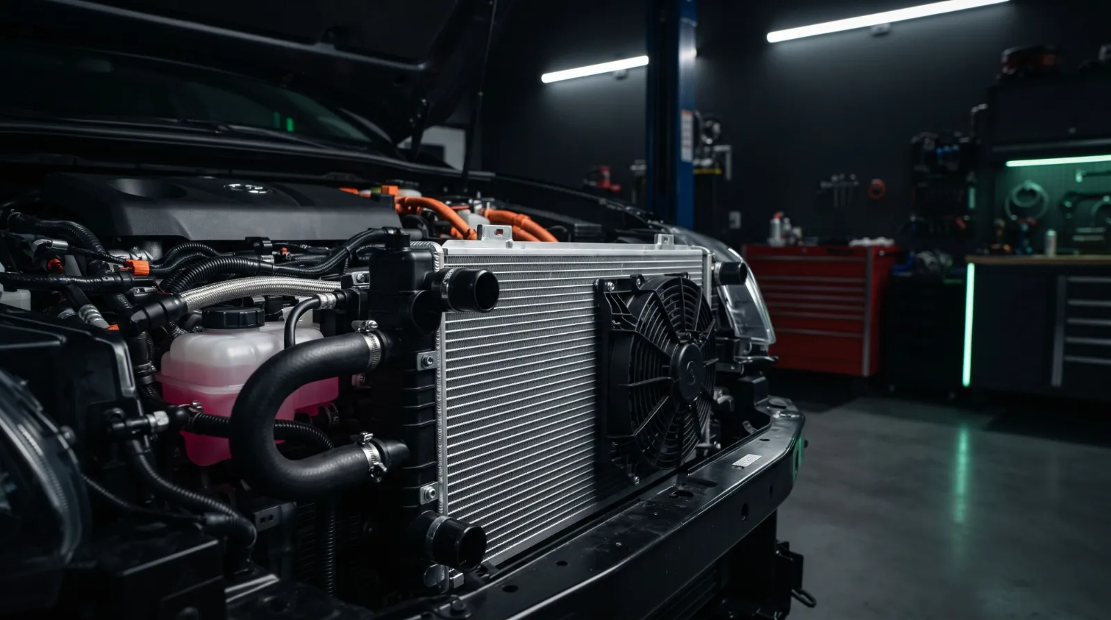 Radiador de aluminio y ventilador eléctrico de un auto híbrido con el frente abierto en el taller